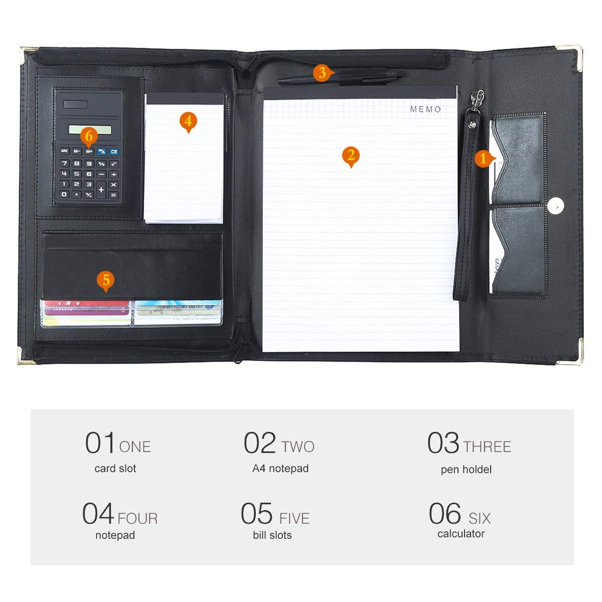 Iswed 3 Folder A5 PU Ġilda Folder Detentur-5 Black 3 Folder A5 PU Leather Folder Holder-5